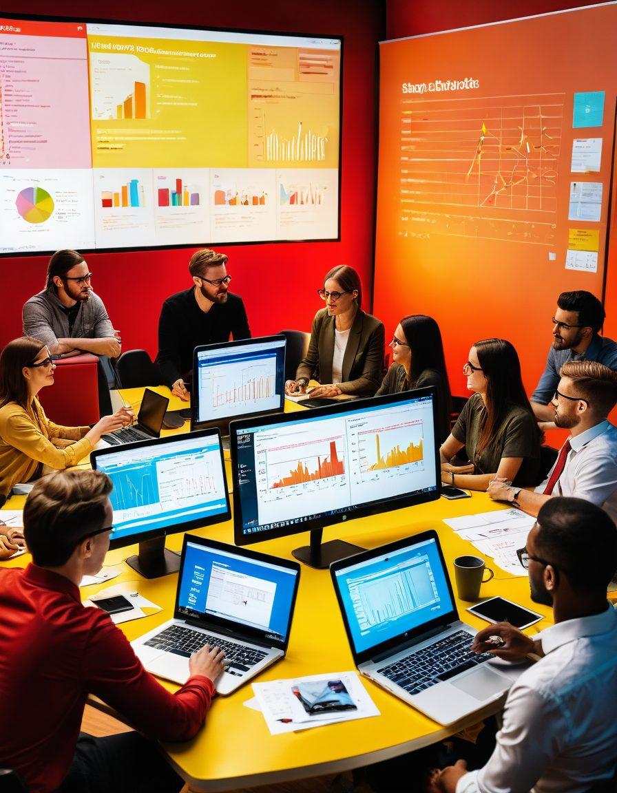 A dynamic scene capturing a diverse group of bloggers collaborating, surrounded by laptops and vibrant notes. The background features a large digital screen displaying engaging content metrics and audience interaction. Highlight warm colors to evoke creativity and connection, with subtle elements like virtual comments and likes floating around. super-realistic. vibrant colors. 3D.