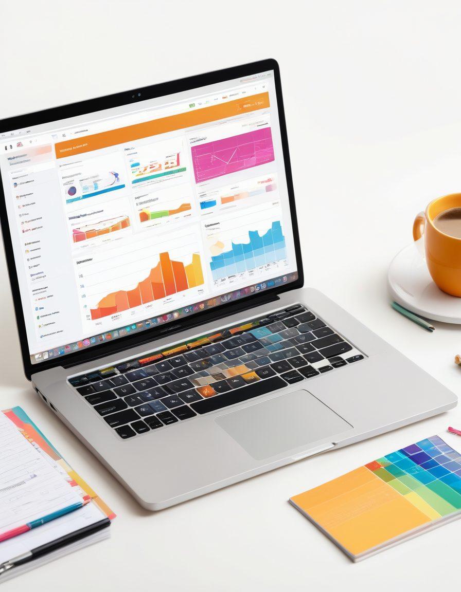 A laptop with an open blog dashboard featuring charts and analytics, surrounded by tools like SEO books, a cup of coffee, and post-it notes with optimization tips. Bright colors depicting a sense of productivity and creativity, with a digital publishing theme in the background. super-realistic. vibrant colors. white background.