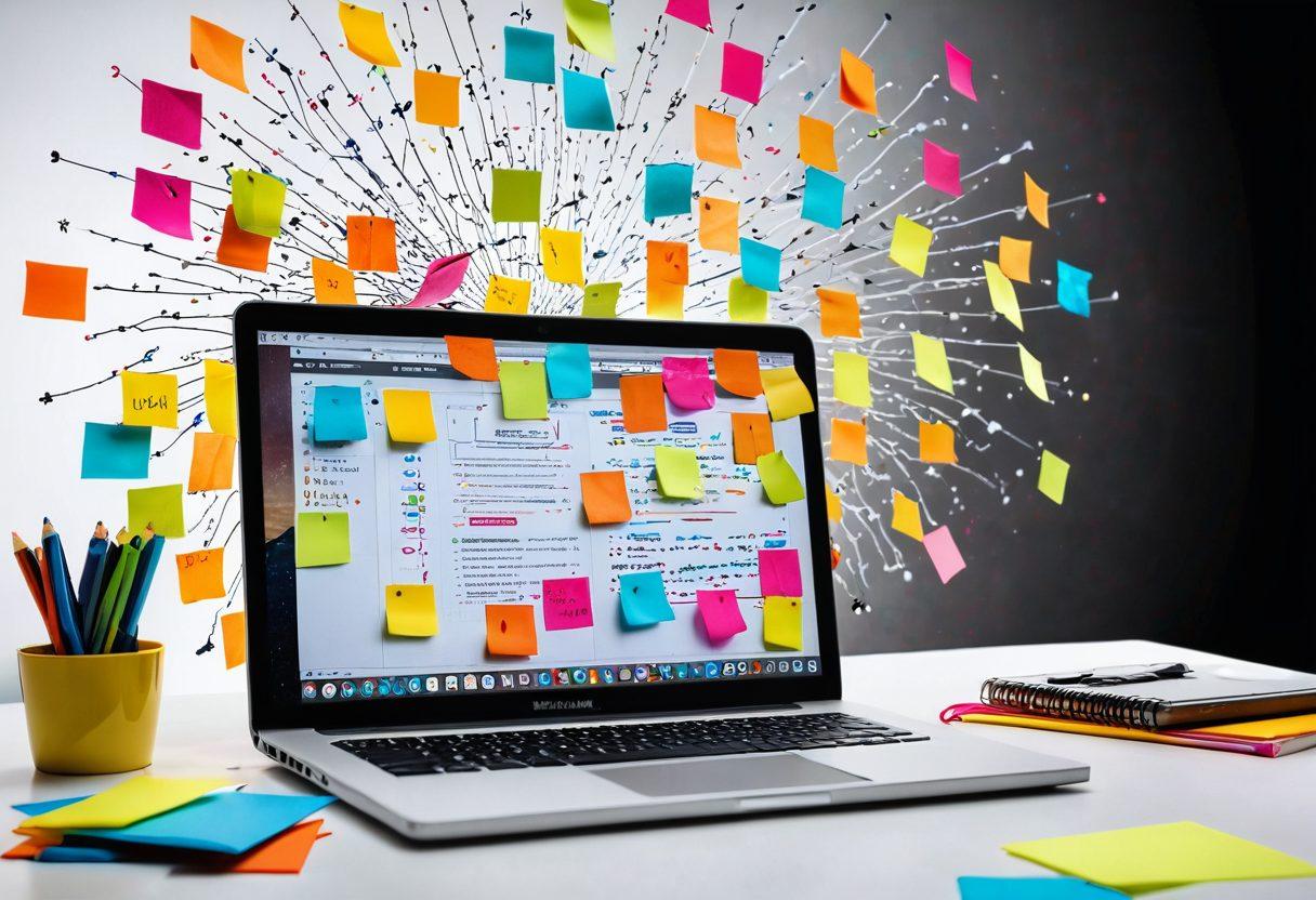 A dynamic composition showcasing an open laptop surrounded by colorful sticky notes and light bulbs to symbolize innovative blogging ideas. In the background, a graph with upward trends illustrates growth and engagement, while a diverse group of people is brainstorming around a table. Include vibrant colors and a sense of collaboration and energy. super-realistic. vibrant colors. white background.
